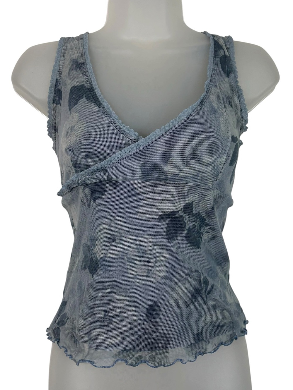LA Movers Vintage 90s Blue Floral Lace Trim Fitted Babydoll Tank Top Coquette M